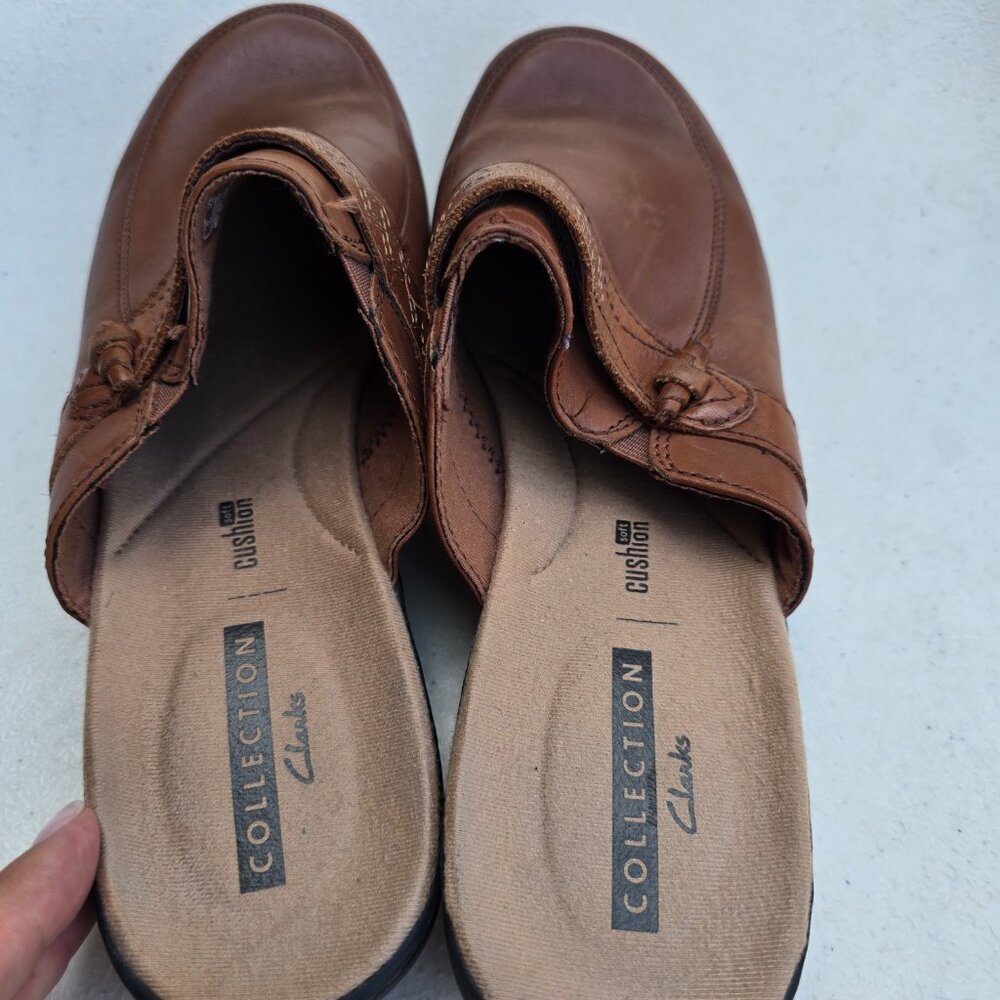 Clarks Collection 8.5 Patty Nell Chestnut Brown Leather Slip On Mules GUC Rubber - Picture 12 of 16